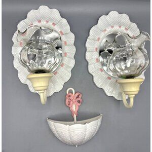 Vtg Burwood Wall Sconce‎ Mirror Set White Hobnail Umbrella Wall Pocket